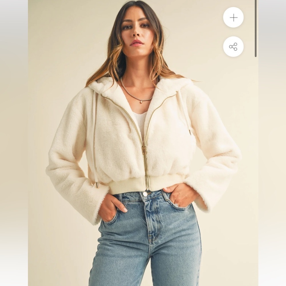 Anthropologie Mable KATIE FAUX FUR HOODIE JACKET Cream Size M